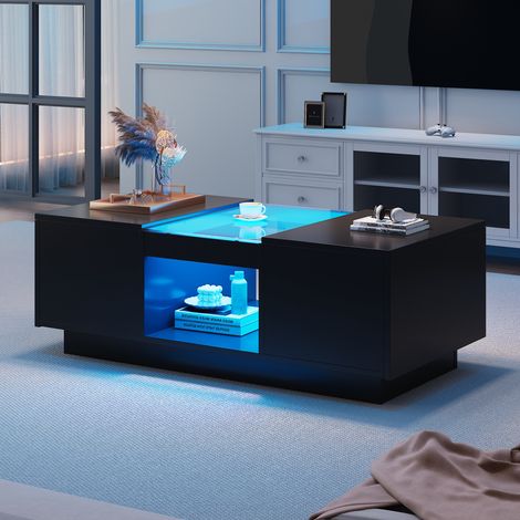 Table basse noire rectanculaire avec LED et 2 tiroirs, panneaux en verre, 100 x 50 x 35,5 cm (1/5)