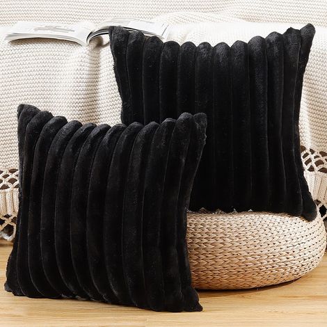 Lot de 2 Housses de Coussin en Peluche Douce 55x55cm, Housse Decorative a Rayures Moelleuses pour Canape et Chambre, Noir (Sans Rembourrage) (1/5)