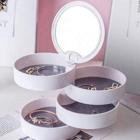 [NEVER USED] Small Jewelry Box, 4-Tier Ring Storage, 360° Rotating, with Mirrored Lid, Earring Storage, Gift for Mother's Day, Valentine's Day