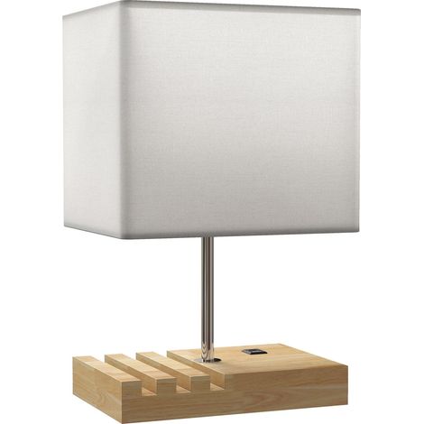 Nachttischlampe mit USB-Anschlüssen, Holz und Stoff, Weiß