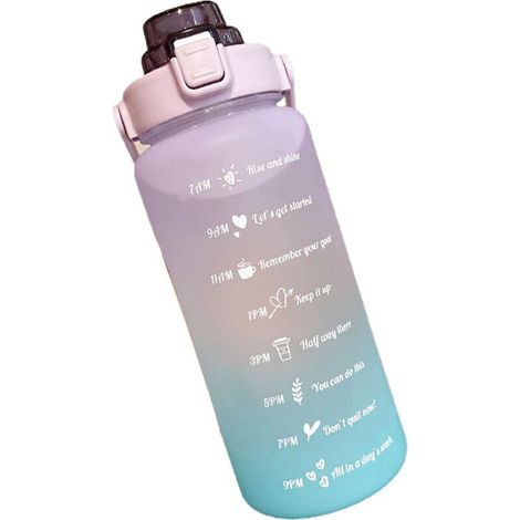 Gourde de sport de 2 litres (70 oz) avec indicateur de temps et bouchon à clapet. Couleur : violet et bleu. (1/4)