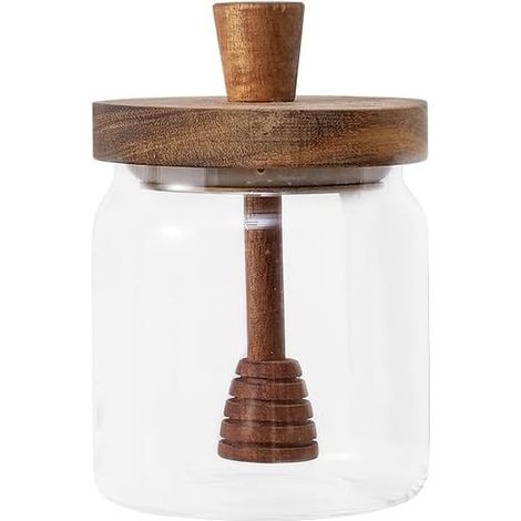 Pot à miel en verre 500 ml – Couvercle bois et louche – Pour sirop, confiture – Maison (1/5)