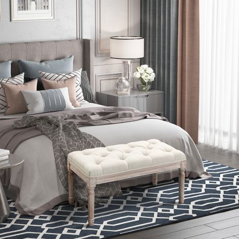 HOMCOM Banc Banquette classique capitonné 80cm bout de lit Rembourrée en lin - bois d'hévéa sculpté. patiné - beige