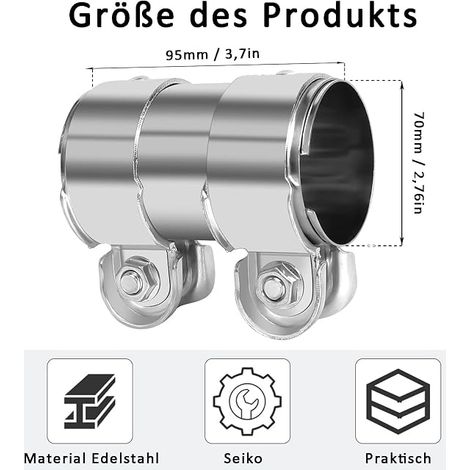 Exhaust Pipe Coupling Collar, 70 x 95 mm Pipe Connector Exhaust Collar, Stainless Steel Double Clamp, Car Exhaust Muffler Clamp (1/4)