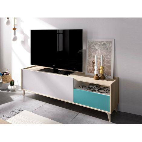 Dmora - Mobile porta TV Tamaro, Credenza bassa da soggiorno, Madia da salotto per televisione, 155x43h47 cm, Rovere e Bianco, con imballo rinforzato (1/5)