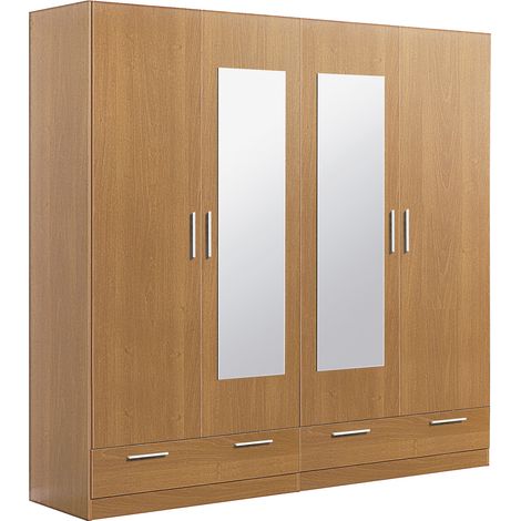 Armoire / placard de rangement de 4 portes + 2 tiroirs avec miroirs coloris Merisier - longueur 202 x profondeur 51 x hauteur 200 cm -PEGANE-