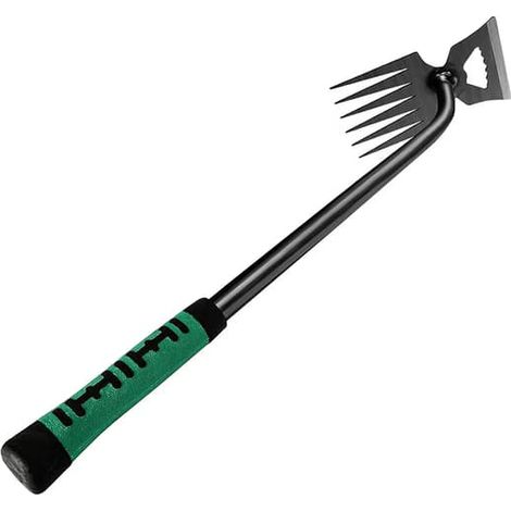 Désherbeuse à dents acérées, manche en caoutchouc, pelle, pour chardons, pissenlits, mauvaises herbes à racines profondes, râteau à désherber manuel pour ameublir la terre (1/5)