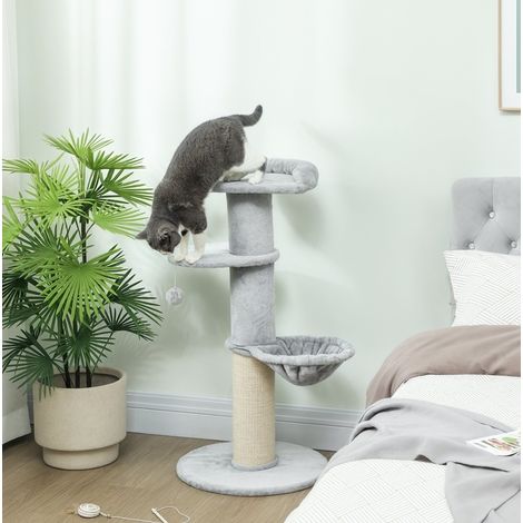 Tiragraffi per gatti in sisal e poliestere grigio chiaro, multilivello con amaca e cuccia, per graffiare, riposare e arrampicarsi, 48 x 48 x 103,5 cm (1/5)