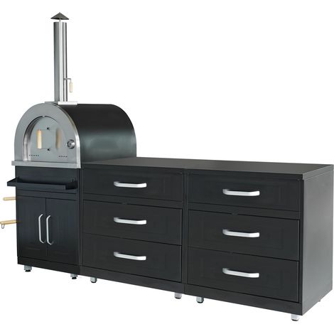 Oviala – Cuisine d'extérieur 3 éléments en acier inoxydable – Four à pizza 60x53cm avec pierre de Cordiérite – 3 tiroirs à fermeture douce