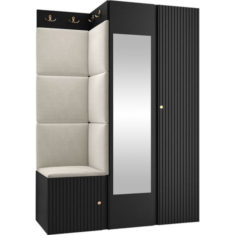 Mobilier1 – Meuble d'entrée Hartford 388 – Noir – Dimensions 186x116x46cm – Miroir intégré – Tapisserie en MDF stratifié – À poser ou suspendre