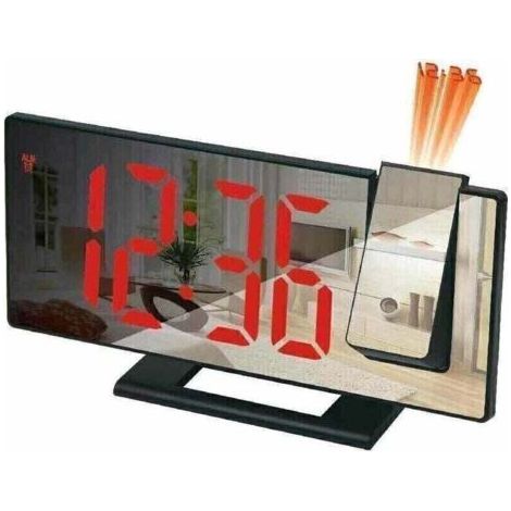 BARKBUSTERS Réveil projecteur, réveil à projection 180°, horloge numérique avec écran miroir LED, port USB, répétition, 4 niveaux de luminosité, 12/24 heures (boîtier noir avec texte rouge), (1/4)