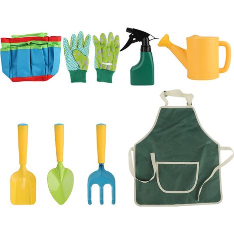 Juego de 8 herramientas de jardinería para niños y niñas: pala, paleta, rastrillo, guantes, pulverizador y delantal. Incluye: bolsa de jardinería, bolsa de almacenamiento, etc. (1/5)