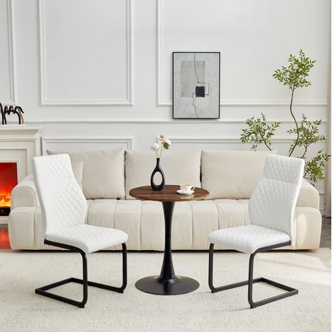 Conjunto de comedor MDF y metal nogal, mesa redonda Ø60x72 cm con 2 sillas de PU blanco y patas negras (1/5)