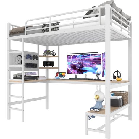 Letto a soppalco 90 × 200 cm con struttura in ferro, scrivania, ringhiera e scaletta, ripiani, USB + Type-C, striscia LED, pannello forato, bianco, senza materasso