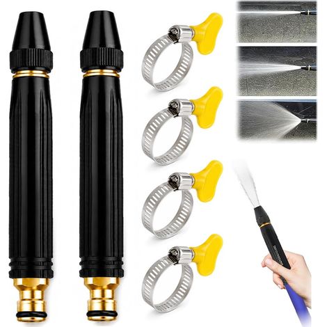 Embout tuyau arrosage haute pression en lot de 2 avec 4 colliers de serrage, buse haute pression pour tuyau arrosage à jet réglable pour nettoyage extérieur (1/5)