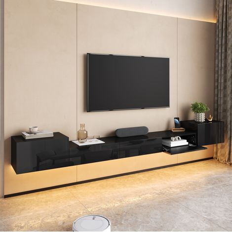 Mobile TV a parete 245x30x26 cm, chiuso, ante lucide, LED multicolore, MDF e truciolato nero (1/5)