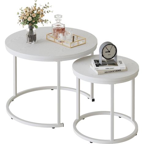 Lot de 2 Tables Basses Rondes - Table de Salon - Table Basse en Bois - Table d'appoint - Table Basse pour Salon, Chambre à Coucher, Bureau, Balcon - Structure en métal Blanc et Plateau Blanc (1/5)