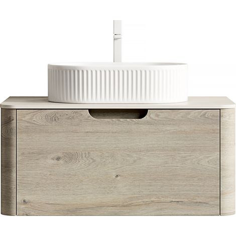 Meuble vasque salle de bain suspendu 80 cm avec vasque ovale en céramique, plateau effet travertin, tiroir soft-close, bois clair  CHICFURN (1/5)