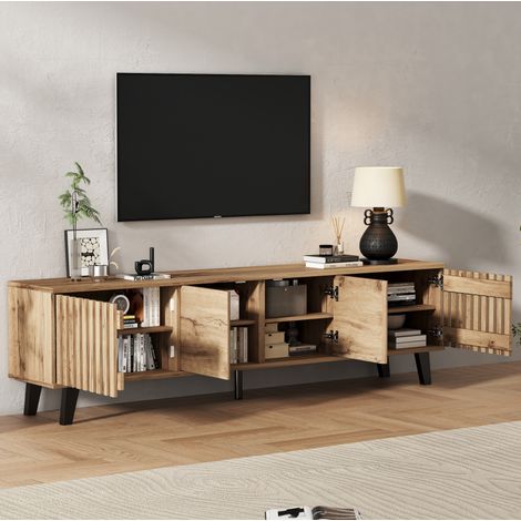Mobile TV in pannelli di particelle color legno naturale, 180x40x55 cm, 8 vani, 4 ante, supporto fino a 70 pollici (1/5)