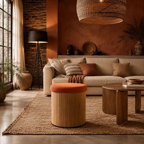 Pouf - HOME DECO FACTORY - Jules - Rond - Côtelé - Rouge (1/5)