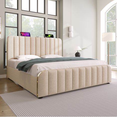 Cama con almacenaje hidráulico USB y colchón beige OKMYHOME (1/5)