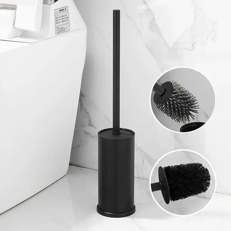 304 Stainless Steel Toilet Brush with Holder, Long Bucket Stand, Round Brush for Bathroom (Black) (1/5)