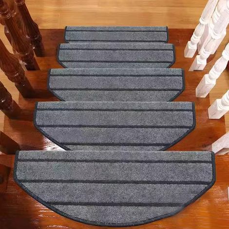 Ensemble de tapis de marche d'escalier - Semi-circulaire beige - 6524+3 cm bord rabattu - 3 pièces - Antidérapant - Convient aux escaliers intérieurs en bois à la maison (1/5)