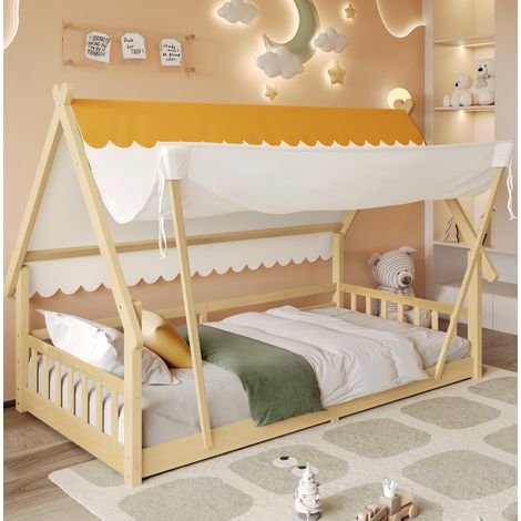 lit enfant cabane 90x200 avec barrière blanc naturel OKMYHOME (1/5)