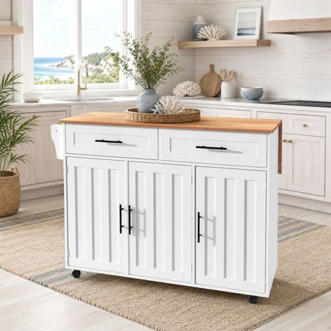 Mobile cucina su ruote con piano ribaltabile, MDF bianco, 129 x 46 x 91,5 cm HAVRYA (1/5)