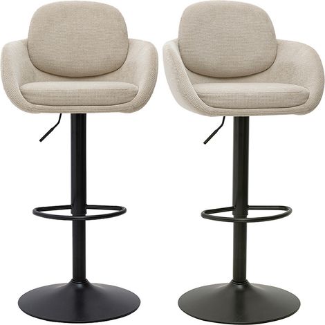Höhenverstellbare, drehbare 360°-Barhocker aus beigefarbenem Chenille-Stoff und schwarzem Metall (2er-Set) SLAKE