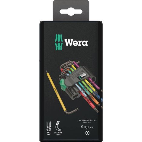 Wera – Jeu de clés mâles coudées Torx T 8 à T 40 – 9 pièces – Gaine en plastique pour confort – Marquage couleur pour identification rapide