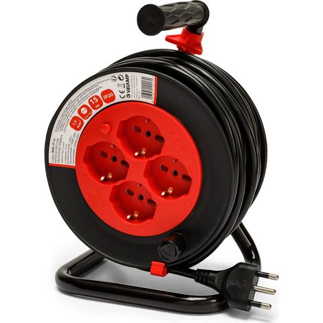 Velamp REEL-IT-15 Avvolgicavo Prolunga Elettrica 15mt 4 Prese Schuko+10-16A Spina 16A Cavo 3G1,5mm² Protezione Termica e Bambini colore Nero (1/5)