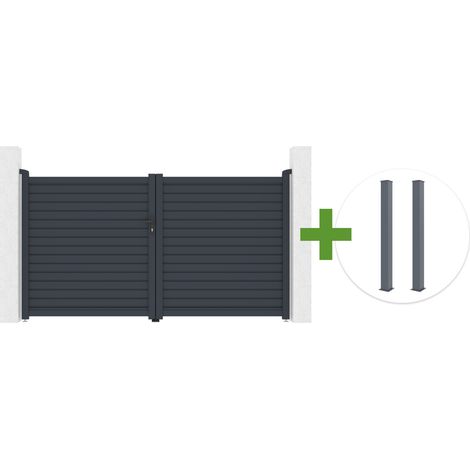 Portail battant 3m CALANCIA H.160cm lames persiennes aluminium gris + 2 Poteaux EIFEL 20x20cm H.190cm