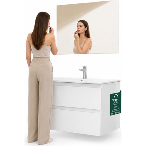 Mobile da Bagno Sospeso con Specchio e 2 Cassetti Otranto Larghezza 80cm Bianco (1/5)
