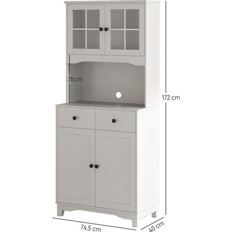 Armoire cuisine blanche haute avec étagère micro-ondes,2 armoires 2 tiroirs,vitrine réglable anti-basculement pour salon et salle à manger.