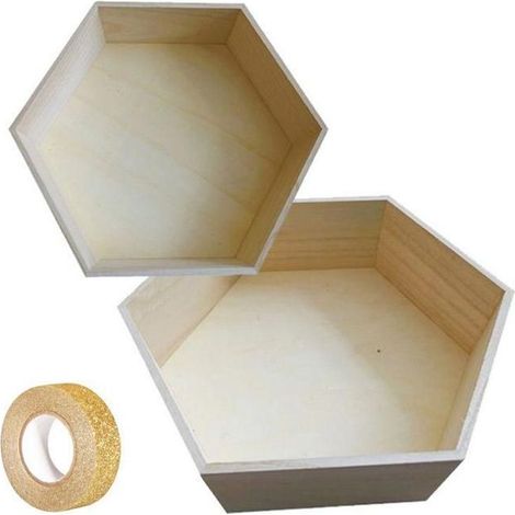 2 étagères hexagonales bois 30 x 26 cm et 36 x 31 cm + masking tape doré à paillettes 5 m