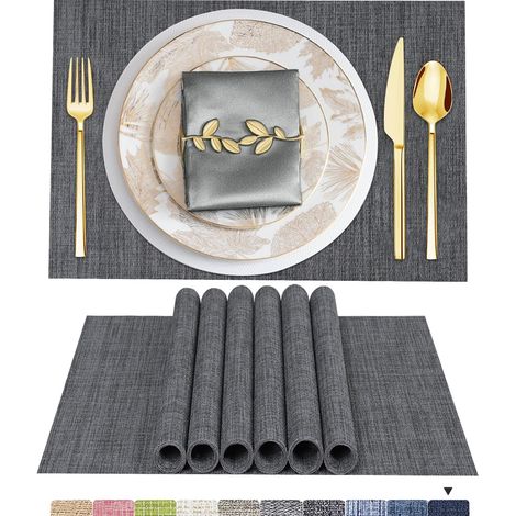 4 Sets de Table Lavable PVC Vinyle Dessous Assiette de Dîner Durables Napperon Rectangulaire Intérieure/Extérieure -4 Pièces, 02 Gris (1/5)