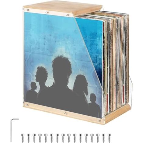 Rangement Vinyle, 33,4 x 20 x 35 cm Support de Disque Vinyle en Acrylique et Bois Massif Bote de Rangement Transparente pour Disques avec Design Ouvert pour les Amateurs de Vinyle et les Mélomanes (1/5)