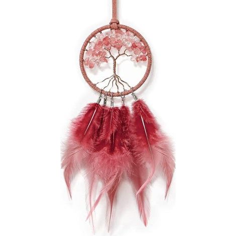 Attrape-rêves en plumes fait main, décoration de voiture, attrape-rêves Arbre de Vie, convient pour les chambres, les voitures et les maisons, rouge. (1/4)