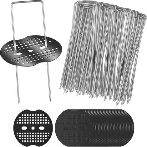 50 Pieux de Terre en U pour Toile Anti-Mauvaises Herbes, 150x40mm Ancres de Sol Galvanisées Anti-Rouille pour Jardin, Camping, Gazon Synthétique, avec 50 Rondelles (1/5)