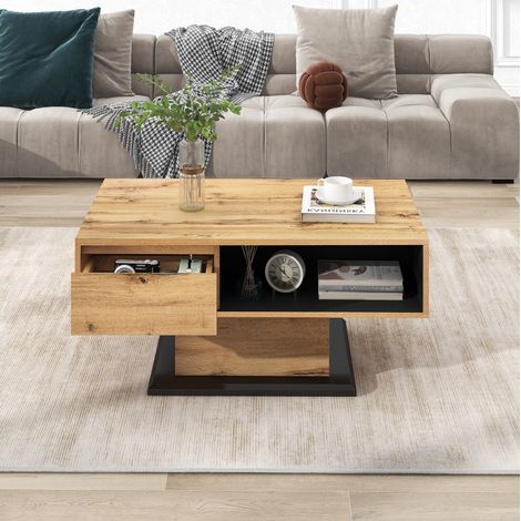 Mesa centro con cajón y almacenaje de madera natural OKMYHOME (1/5)
