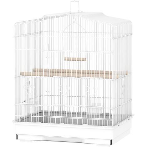 Cage à oiseaux vintage pour petites races, avec accessoires, 46,5 x 36 x 59 cm, acier et bois, blanc et naturel. (1/5)