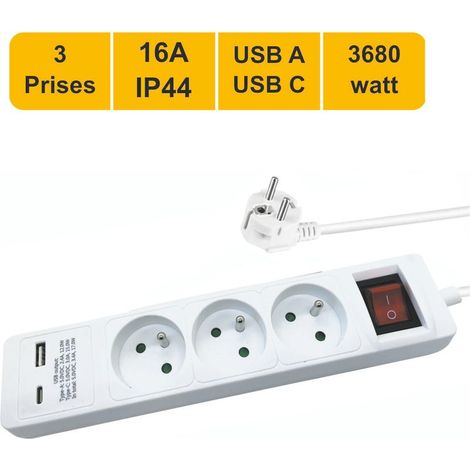 Multiprise à 3 prises avec interrupteur + 1 port USB A - 1 port USB C - Câble de 1,5 m - Garantie 2 ans (1/2)