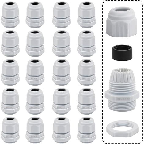 Lot de 20 presse-étoupes étanches M16 blancs réglables avec écrou pour fixation de presse-étoupes pour extérieur, jardin, garage, boîte de jonction (1/5)