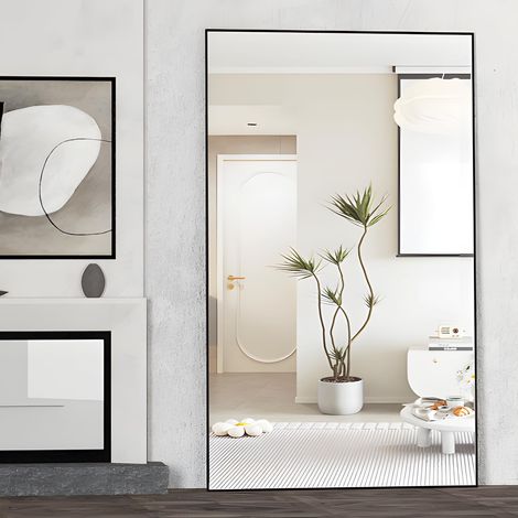 Cassilando – Miroir sur pied 198x96cm – Grand miroir de sol noir avec cadre en aluminium – Verre incassable haute définition – Design moderne et élégant