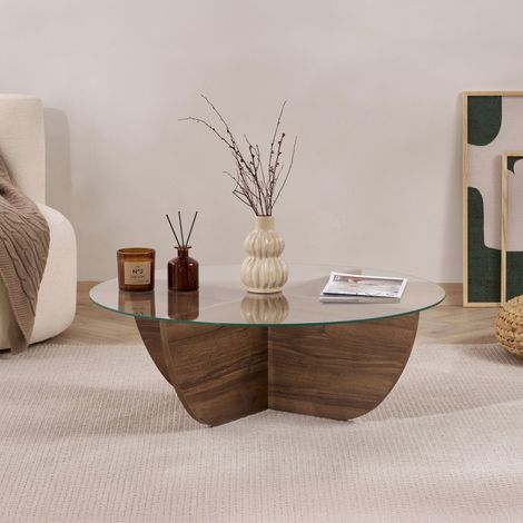 Couchtisch rundes gehärtetes Glas – Walnuss-Melamin – 90 cm –