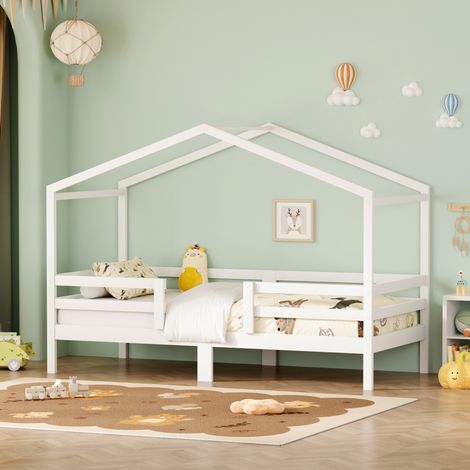 Letto a castello per bambini 90x200 cm in legno bianco con rete a doghe e protezione su 3 lati (1/5)