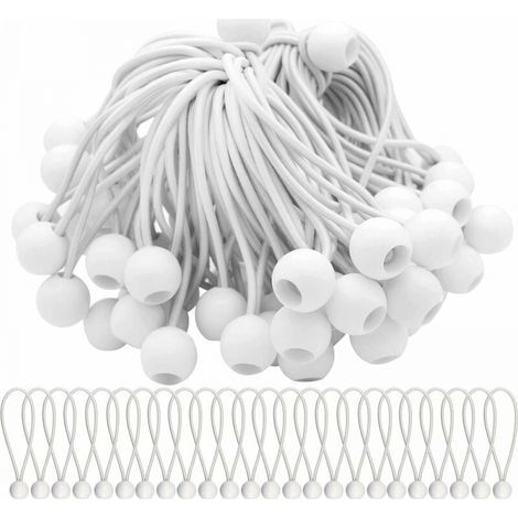 Confezione da 50 corde elastiche bianche da 150 mm, con pallina, ideali per tendoni, gazebo, striscioni e teloni. (1/4)