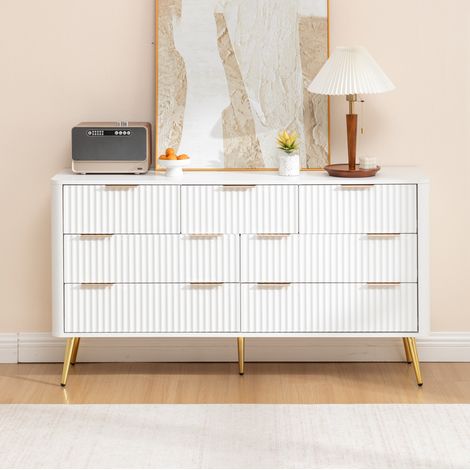 Commode 7 tiroirs blanche en MDF avec poignées métalliques, fermeture douce et dispositif anti-basculement (1/5)