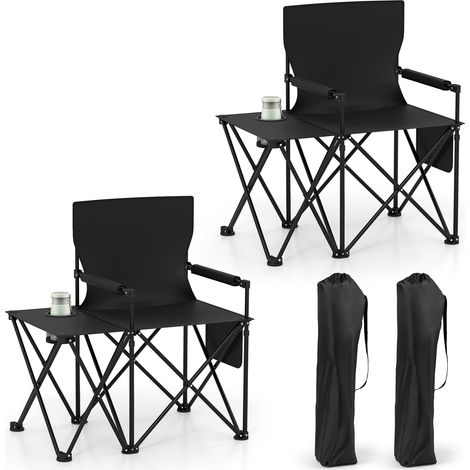 COSTWAY Set di 2 Sedia da Campeggio con Tavolino Laterale, Sedia da Picnic Pieghevole con 2 Tasche, Portabicchieri, Braccioli Imbottiti, Borsa da Trasporto, Portata 150 kg (Nero) (1/5)